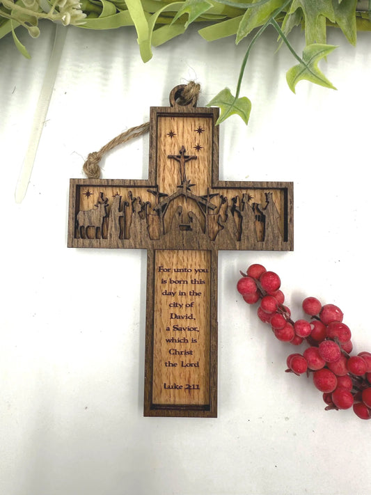 Nativity Cross Scripture with Cross in Background Natural finish 3 layers dimensional Christmas Ornament - Religious Luke 2:11