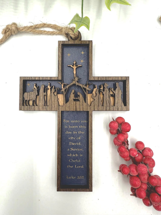 Nativity Cross Scripture with Cross in Background 3 layers dimensional Christmas Ornament - Religious Luke 2:11