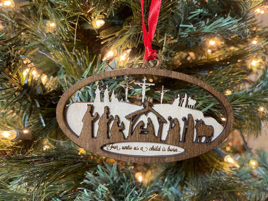 Nativity Ornament From the Manger to the Cross Christmas Wood Ornament Natural Wood