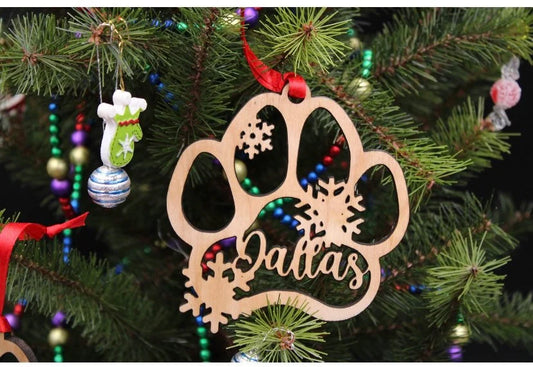 Wood Pet Paw Personalized Name Christmas Ornament for Fur Baby