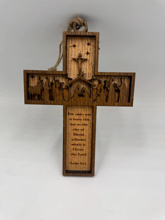 Nativity Cross Scripture with Cross in Background Natural finish 3 layers dimensional Christmas Ornament - Religious Luke 2:11