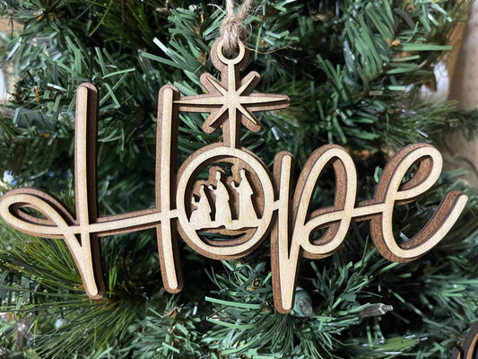 Nativity Christmas Story Wood Religious Christmas Ornament: Love, Hope, Joy