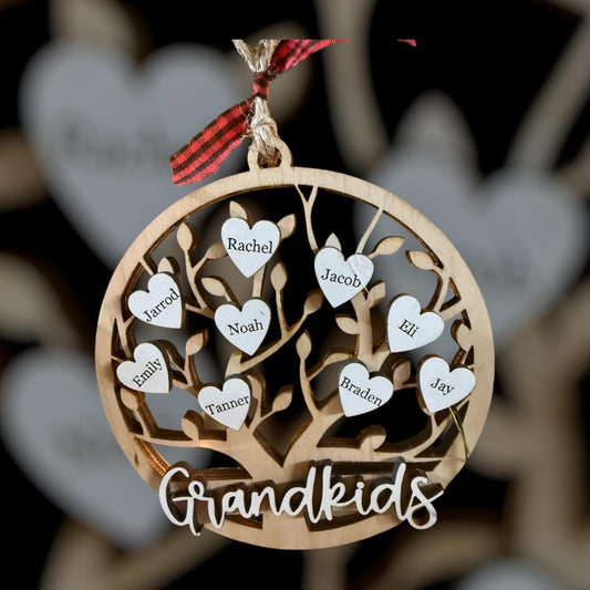 Personalized Grandkids Family Tree Christmas Ornament Customized Laser Cut Wooden Decor Holiday Keepsake