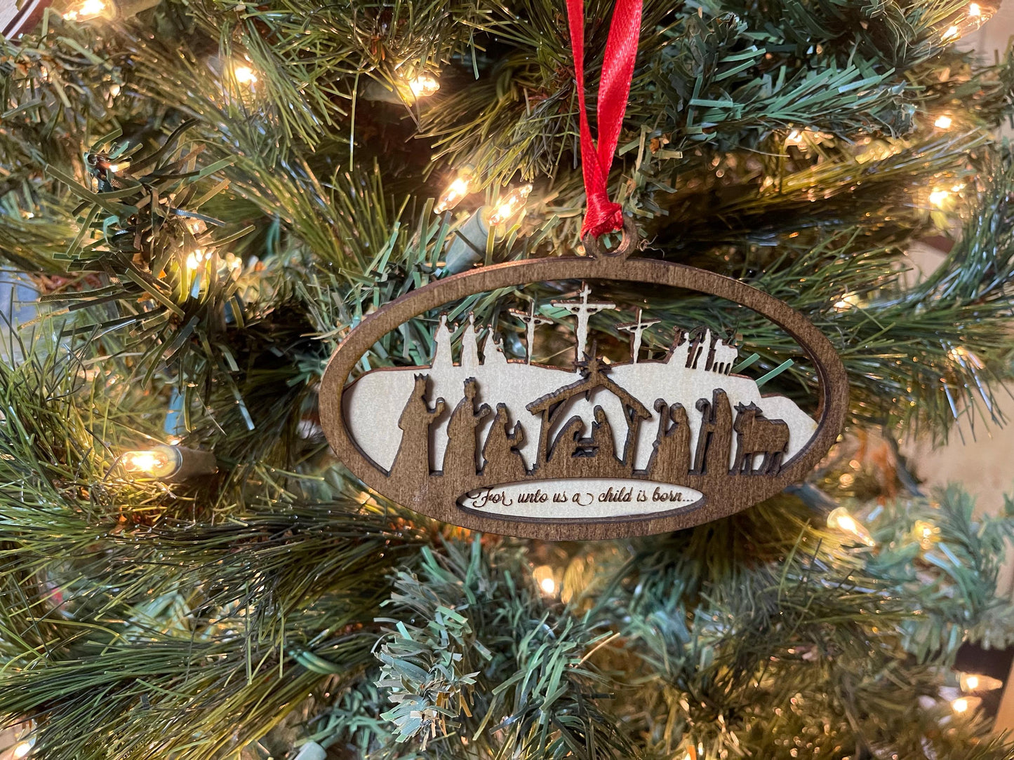 Nativity Ornament From the Manger to the Cross Christmas Wood Ornament Natural Wood