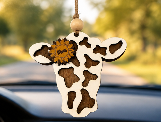 Personalized Cow Car Charm, Farmhouse Sunflower Ornament (Rearview Mirror Hanger)