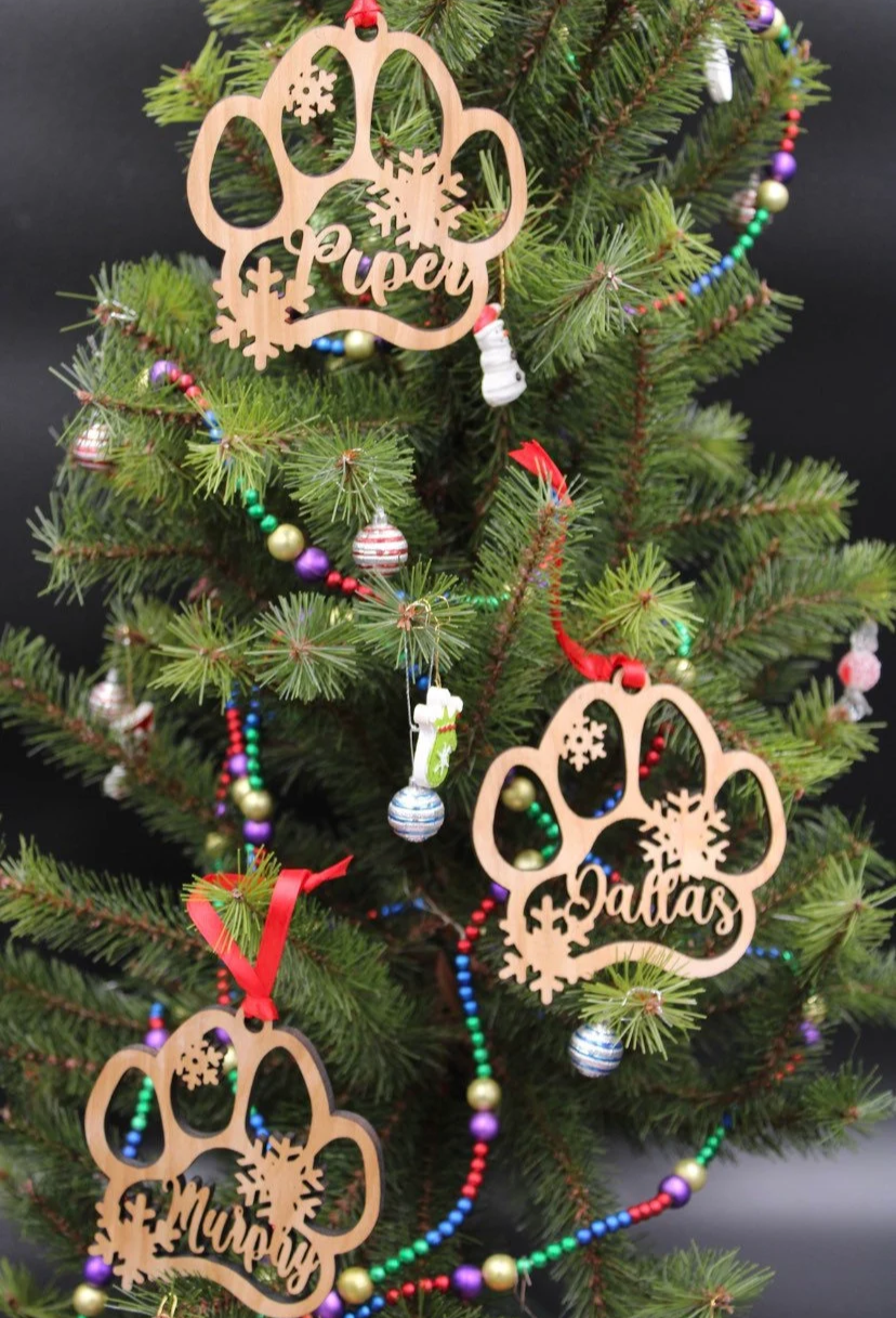 Wood Pet Paw Personalized Name Christmas Ornament for Fur Baby