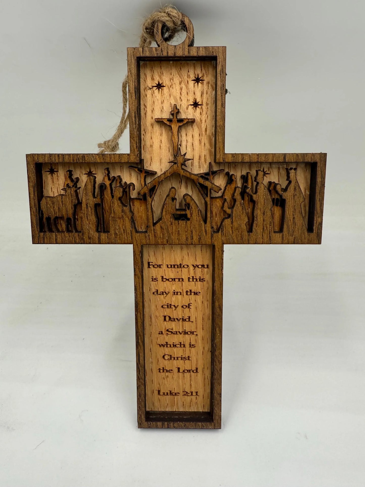 Nativity Cross Scripture with Cross in Background Natural finish 3 layers dimensional Christmas Ornament - Religious Luke 2:11