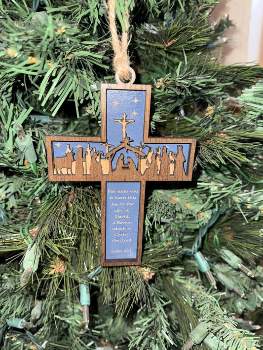 Nativity Cross Scripture with Cross in Background 3 layers dimensional Christmas Ornament - Religious Luke 2:11