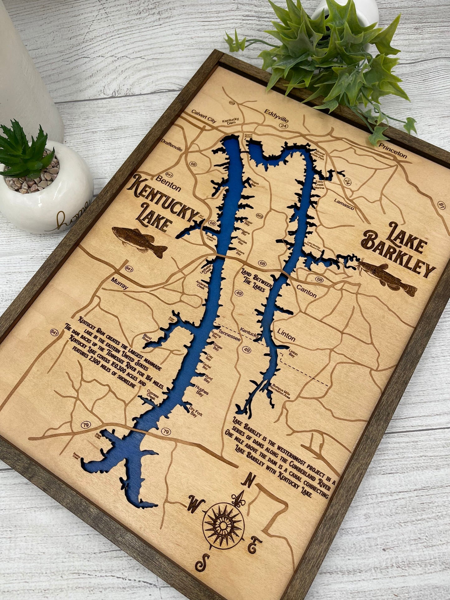 Kentucky Lake & Lake Barkley Wood Wall Map Art Hanging Sign