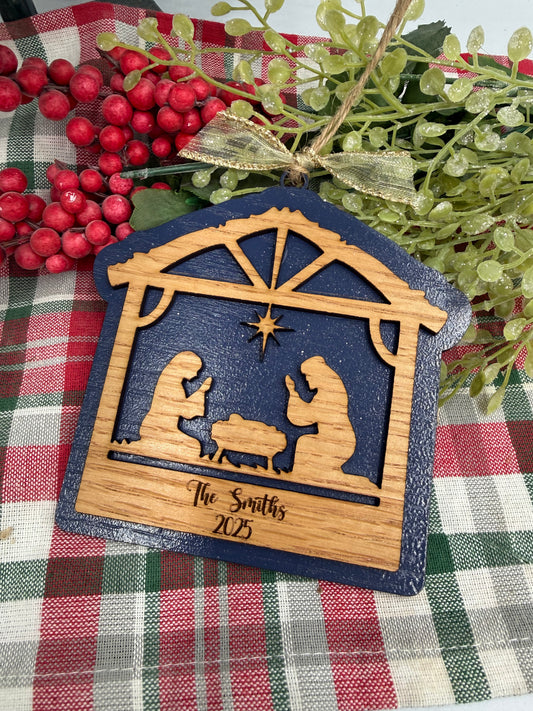 Personalized Nativity Manger Scene Christmas Ornament Rustic Wood Religious Christian Tree Decoration Baby Jesus Family Keepsake Gift