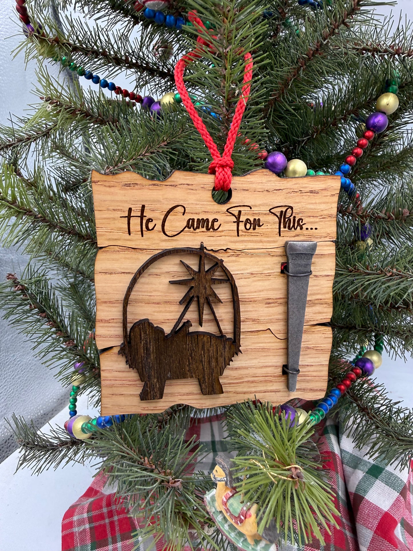 Wooden Baby Jesus Nativity and Nail Christian Christmas Ornament – Laser Cut Religious Holiday Faith Based Decoration