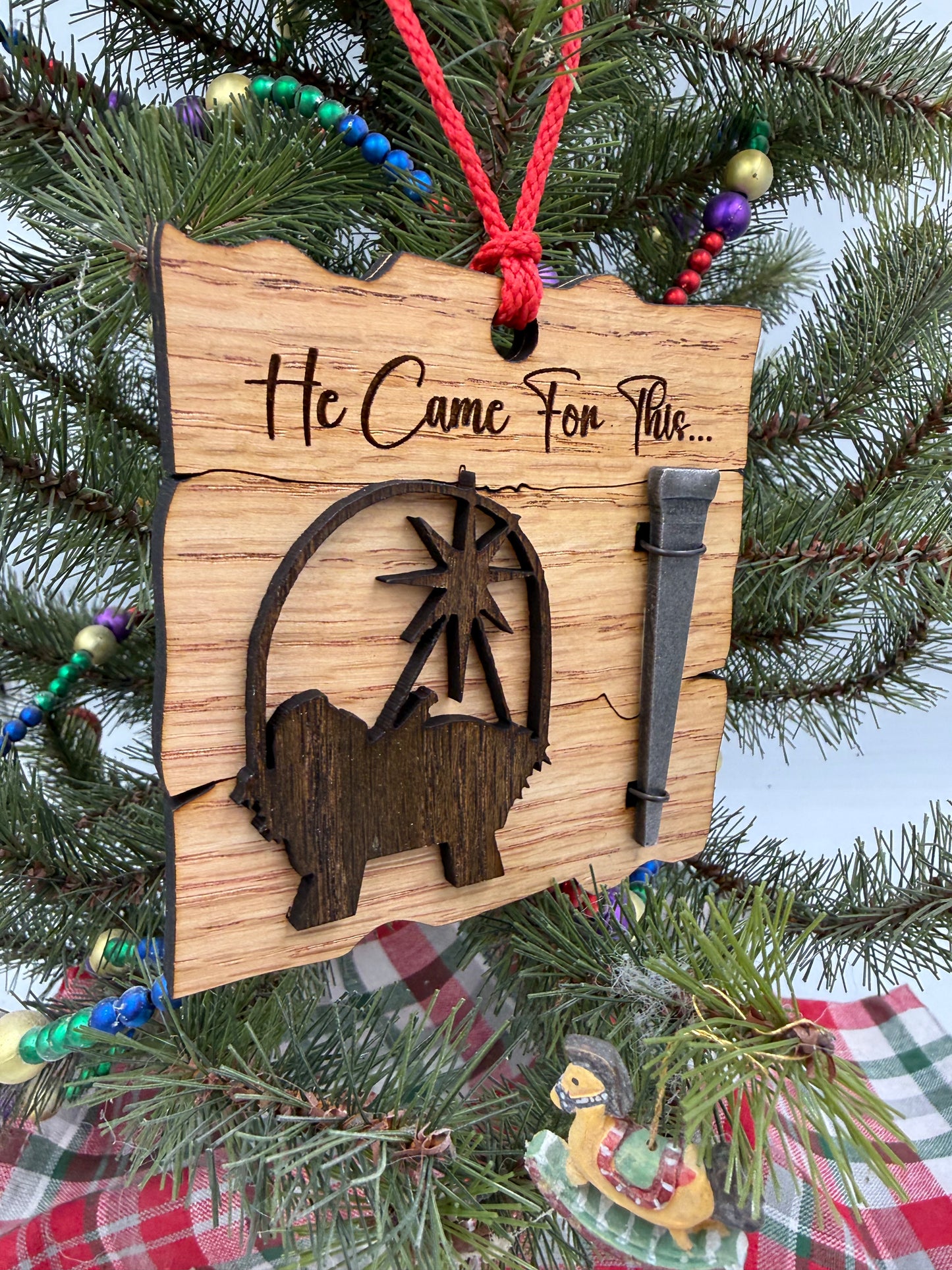 Wooden Baby Jesus Nativity and Nail Christian Christmas Ornament – Laser Cut Religious Holiday Faith Based Decoration