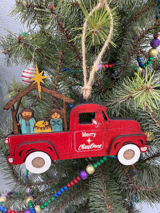 Nativity Old Red Truck Religious Christmas Ornament Manger Scene Tree Decor