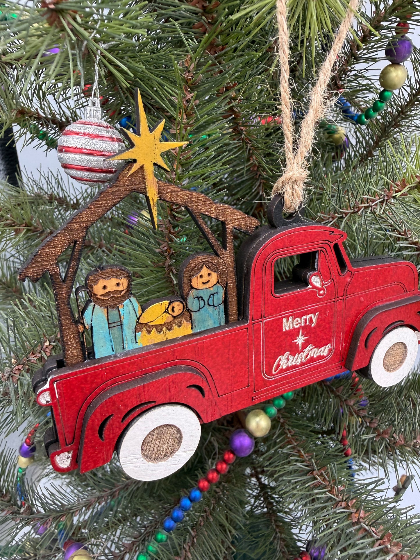 Nativity Old Red Truck Religious Christmas Ornament Manger Scene Tree Decor