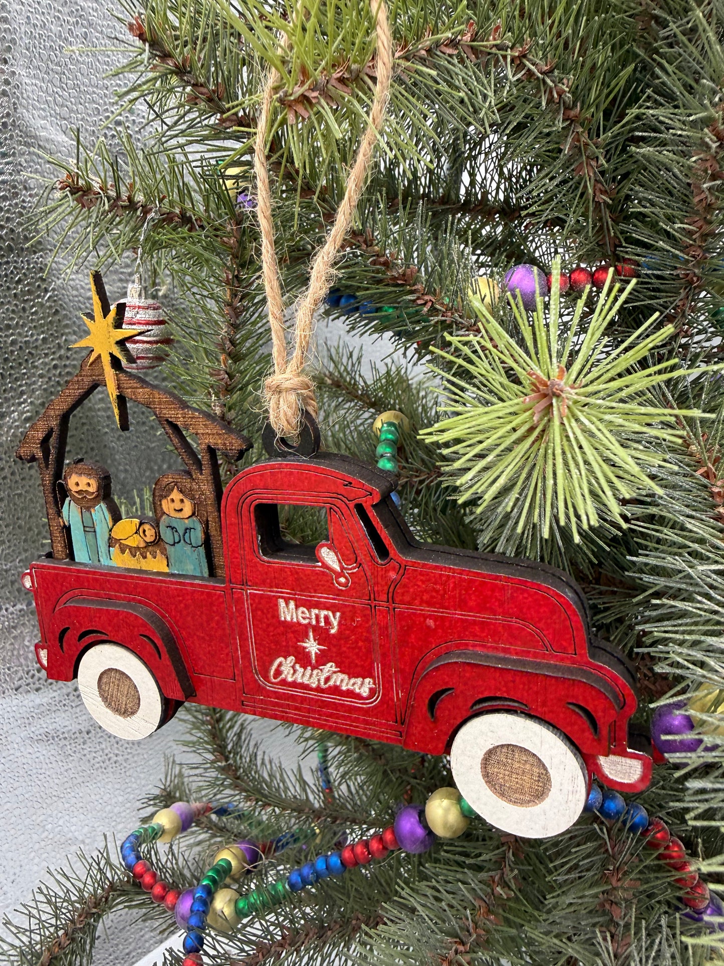 Nativity Old Red Truck Religious Christmas Ornament Manger Scene Tree Decor
