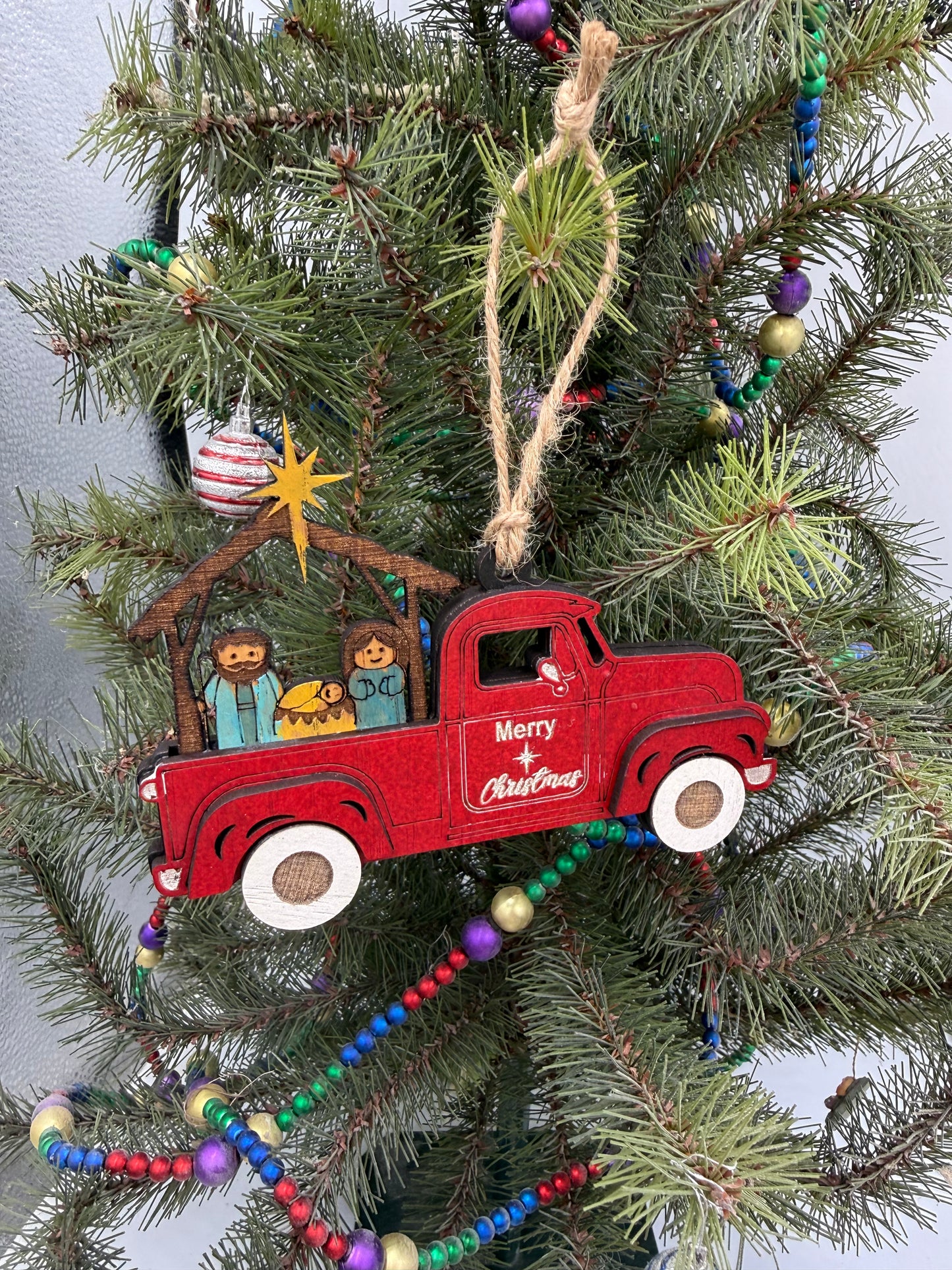 Nativity Old Red Truck Religious Christmas Ornament Manger Scene Tree Decor