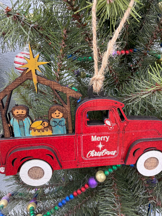 Nativity Old Red Truck Religious Christmas Ornament Manger Scene Tree Decor