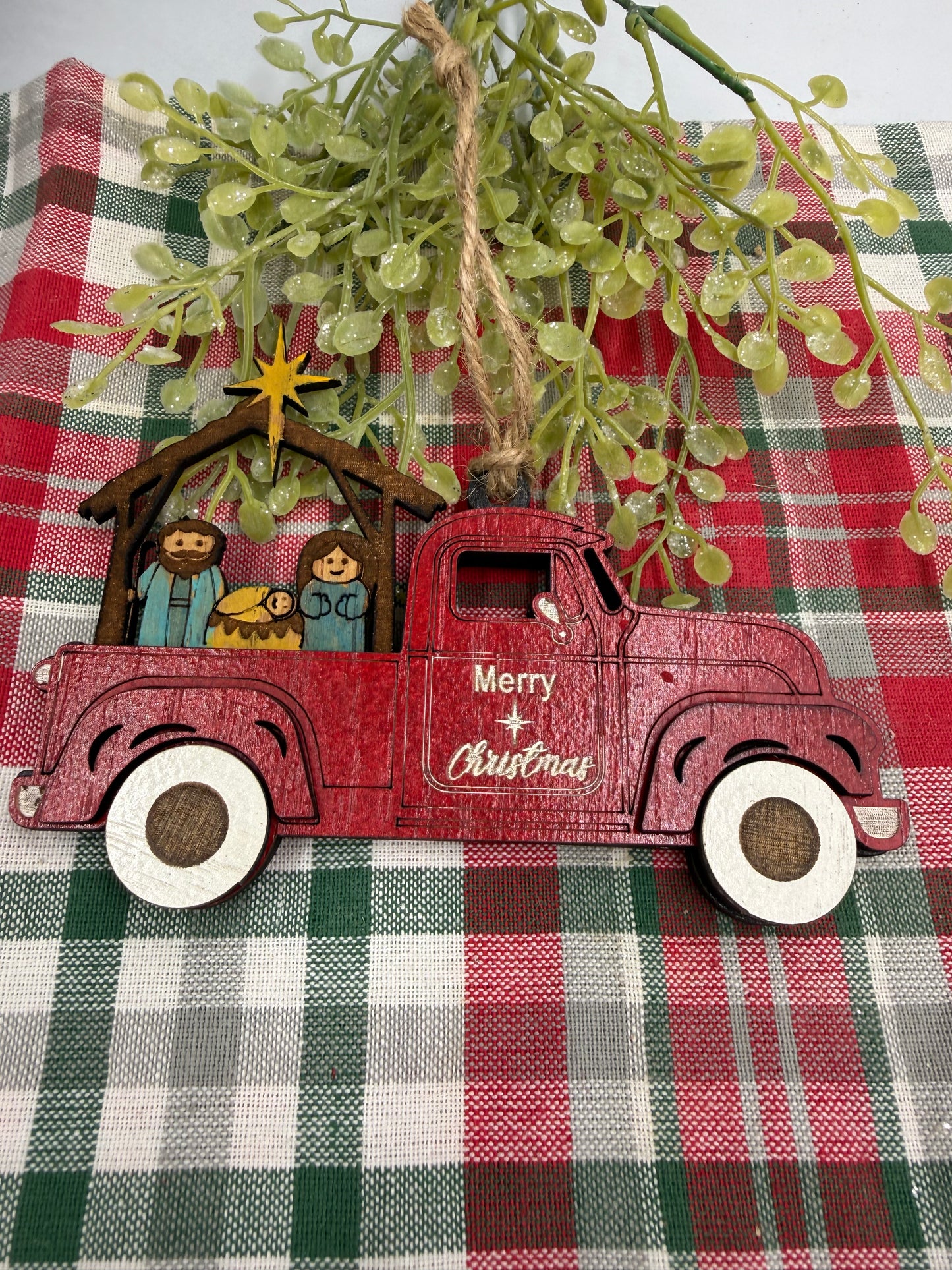 Nativity Old Red Truck Religious Christmas Ornament Manger Scene Tree Decor