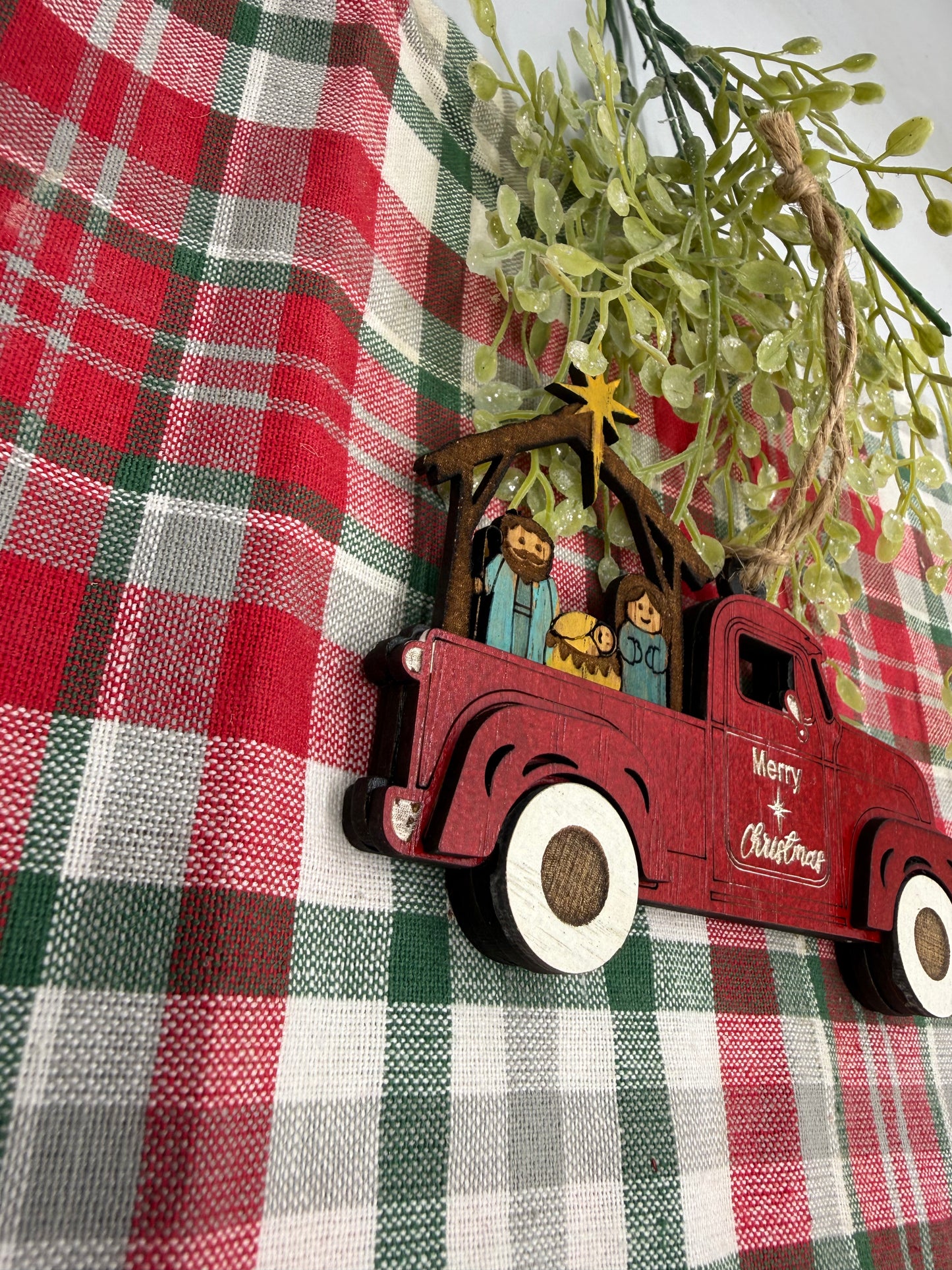 Nativity Old Red Truck Religious Christmas Ornament Manger Scene Tree Decor