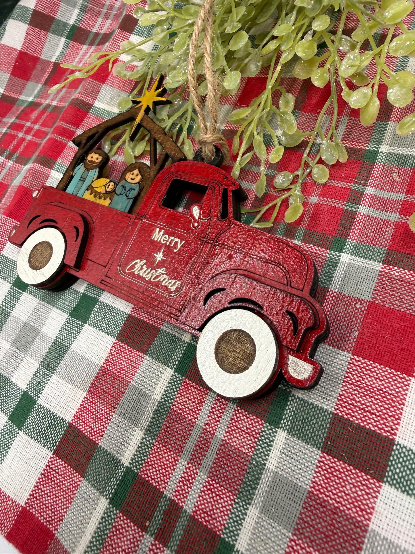 Nativity Old Red Truck Religious Christmas Ornament Manger Scene Tree Decor
