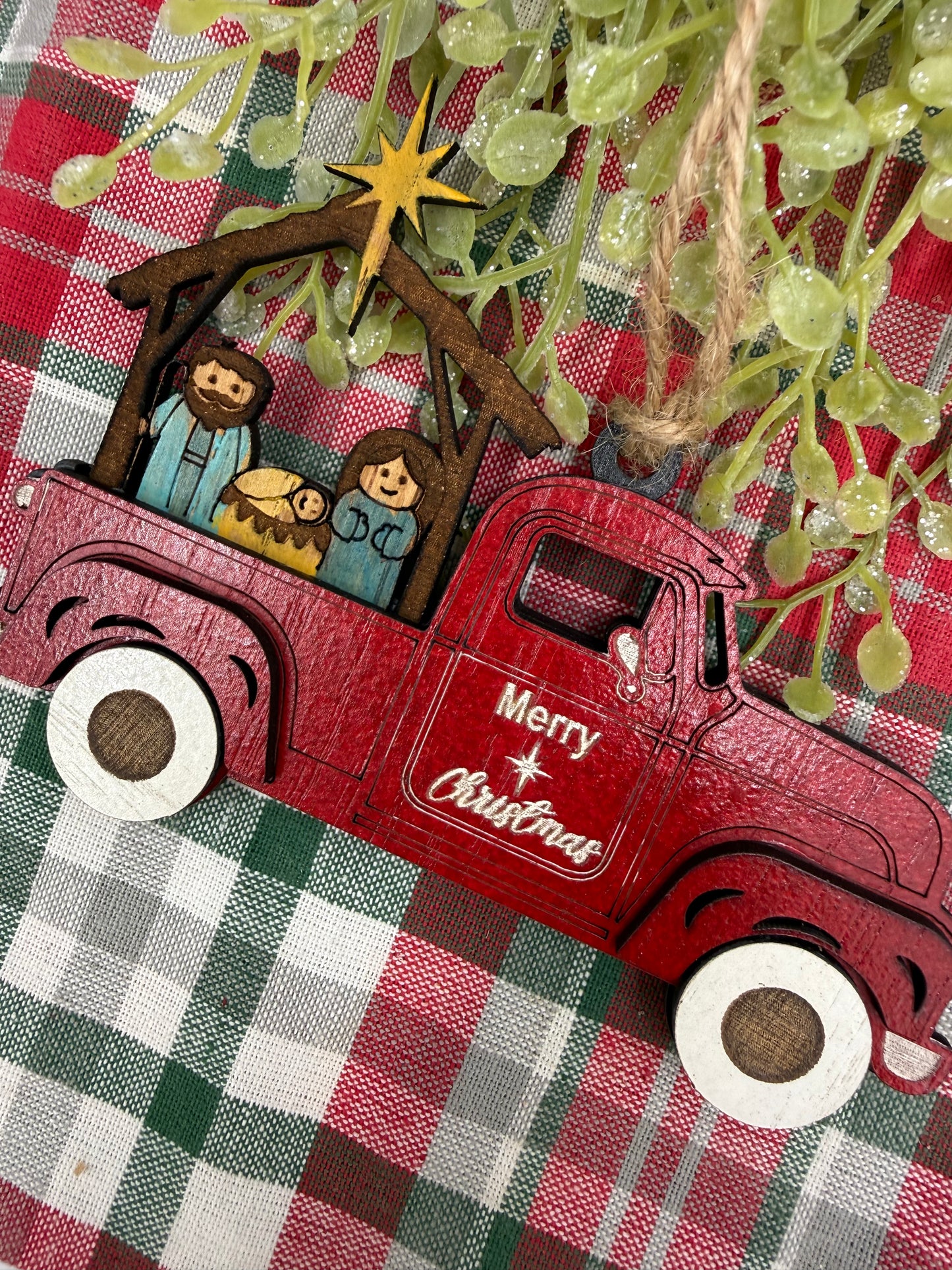 Nativity Old Red Truck Religious Christmas Ornament Manger Scene Tree Decor