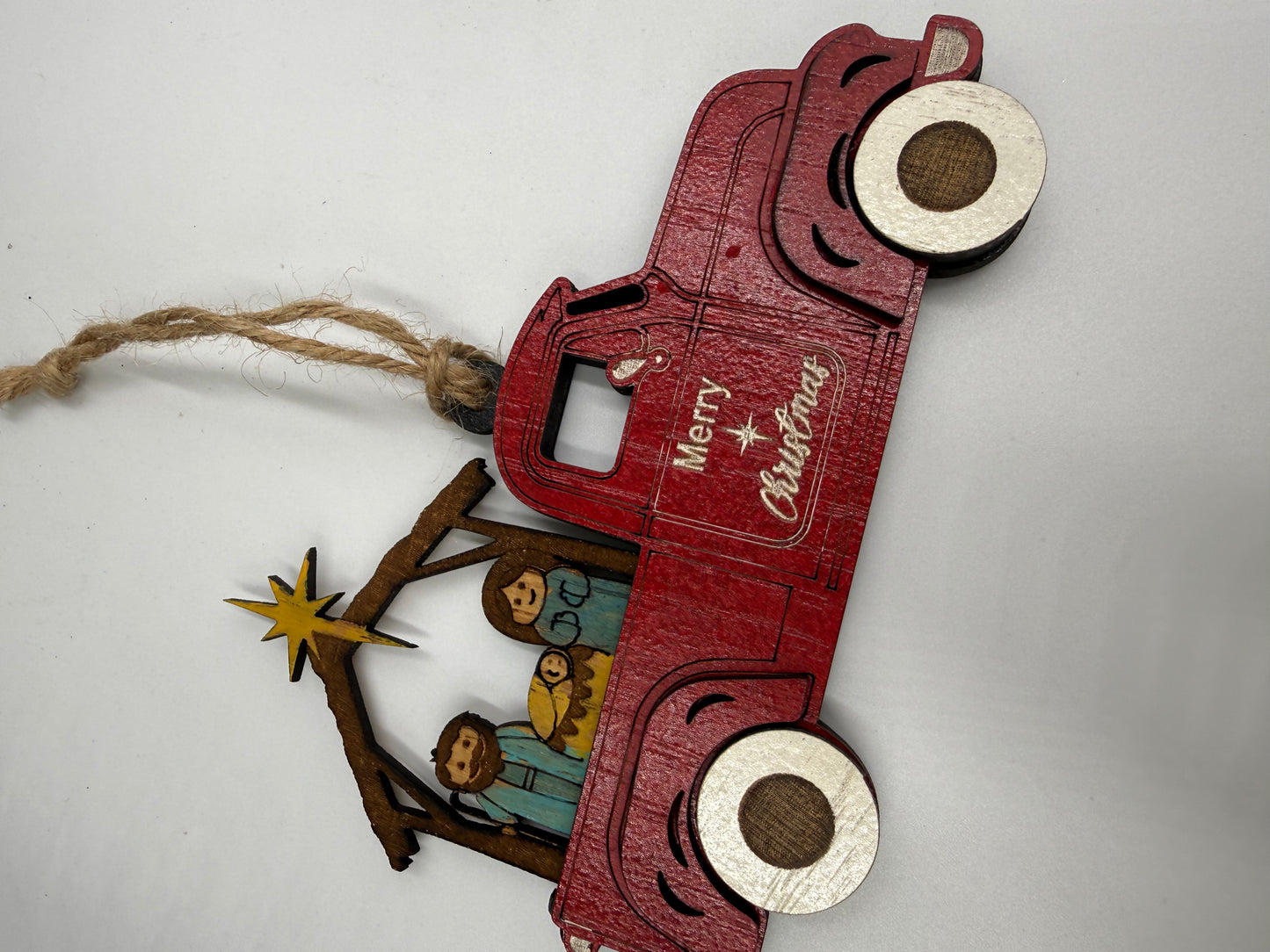 Nativity Old Red Truck Religious Christmas Ornament Manger Scene Tree Decor