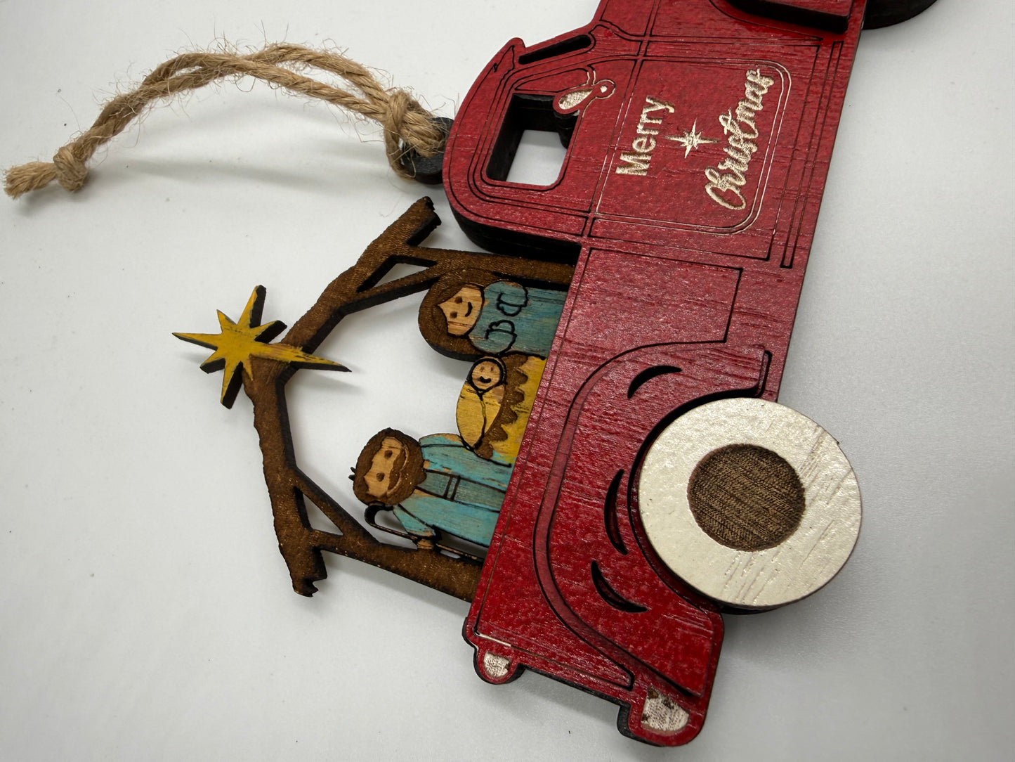 Nativity Old Red Truck Religious Christmas Ornament Manger Scene Tree Decor