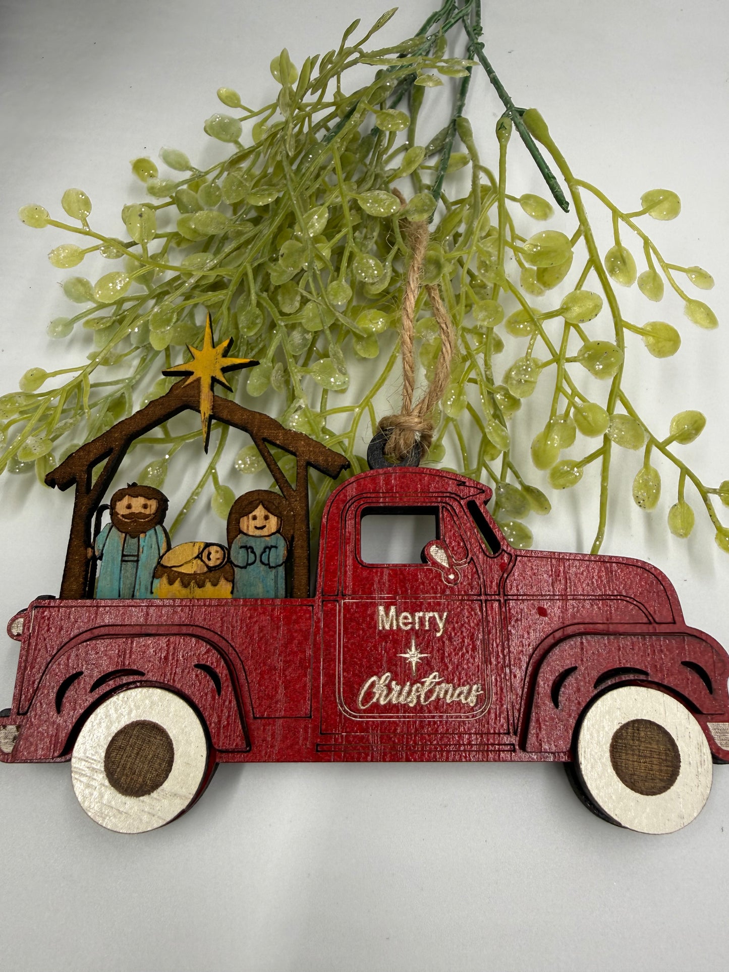 Nativity Old Red Truck Religious Christmas Ornament Manger Scene Tree Decor