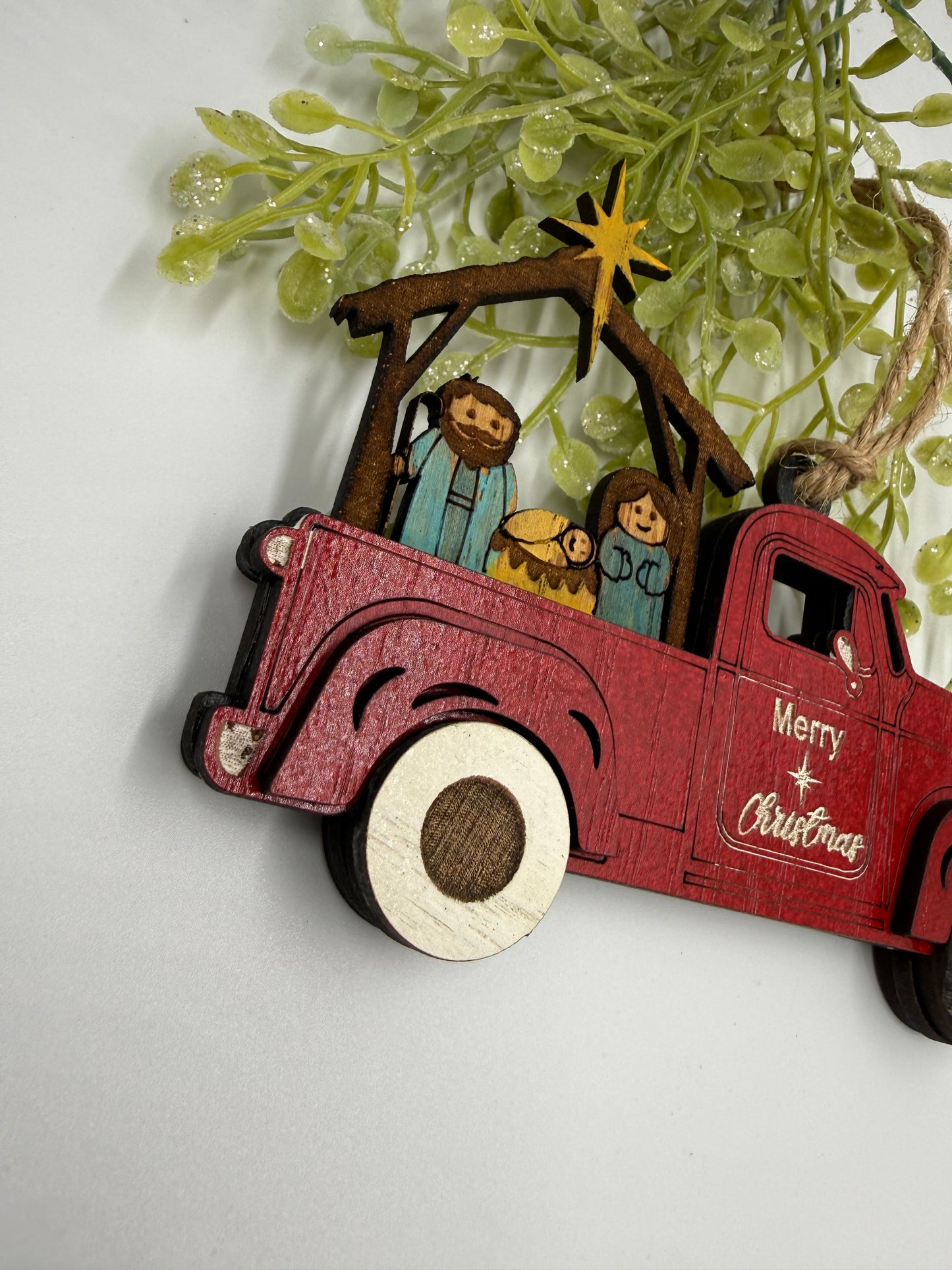 Nativity Old Red Truck Religious Christmas Ornament Manger Scene Tree Decor