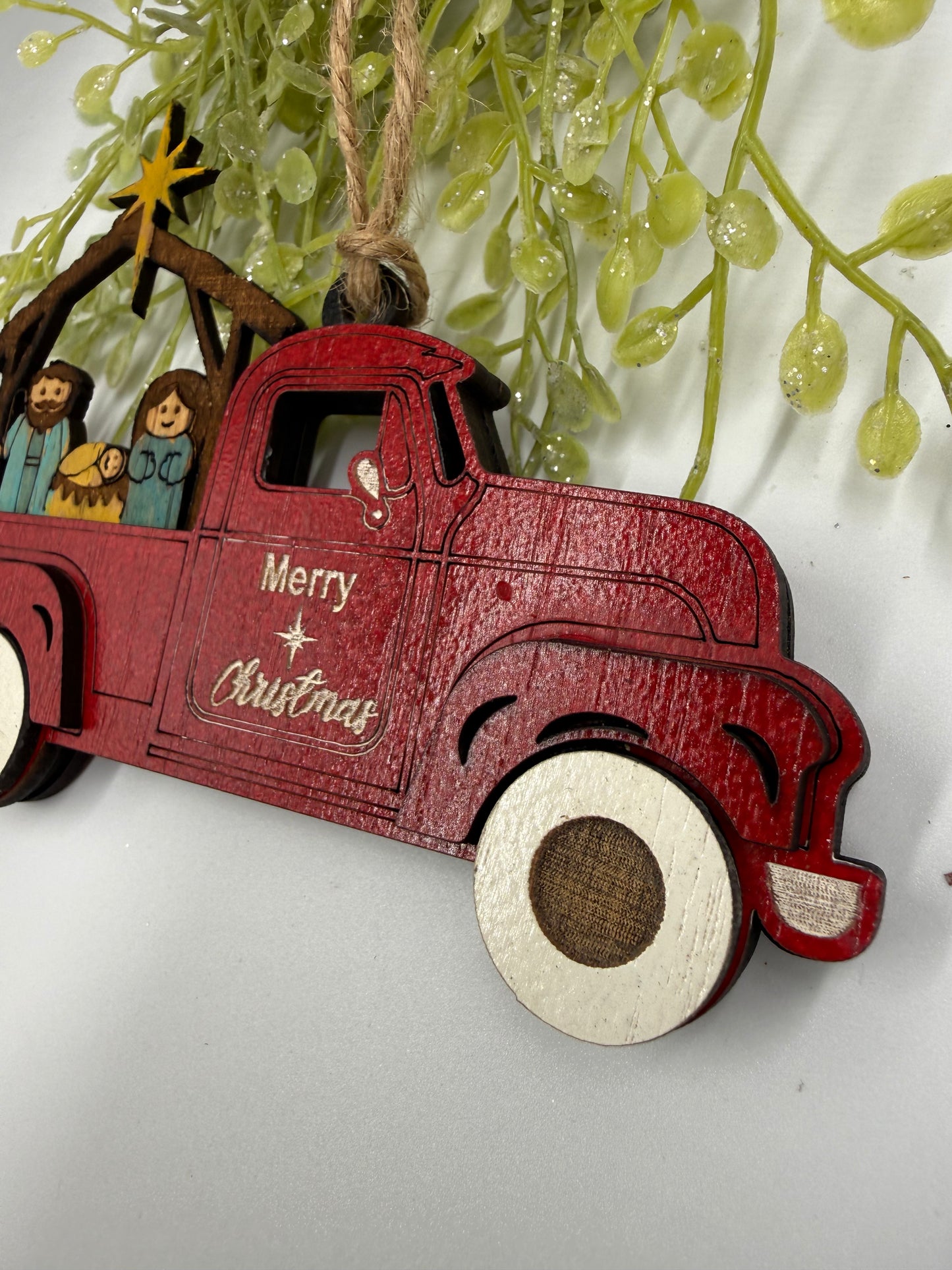 Nativity Old Red Truck Religious Christmas Ornament Manger Scene Tree Decor
