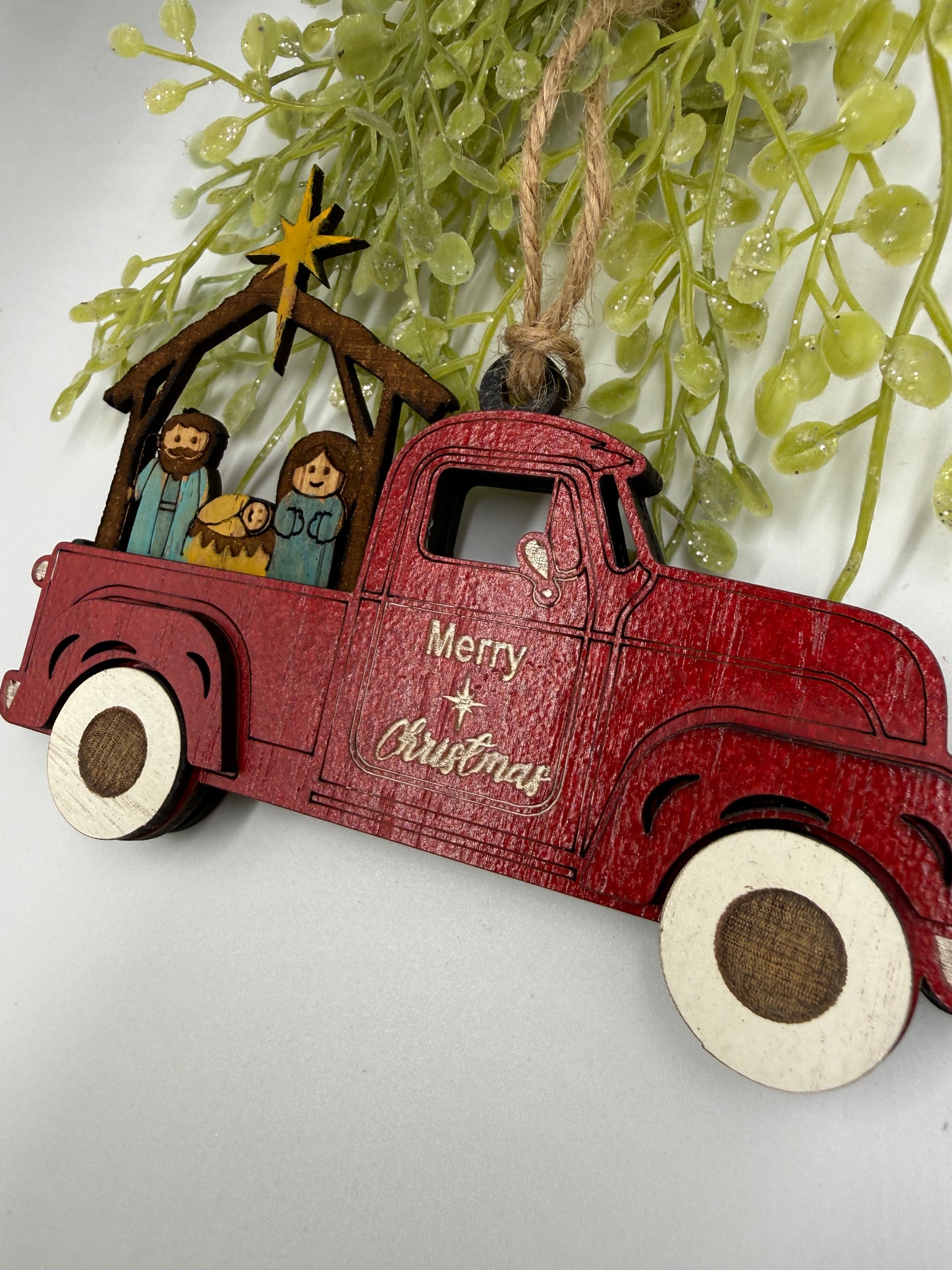 Nativity Old Red Truck Religious Christmas Ornament Manger Scene Tree Decor