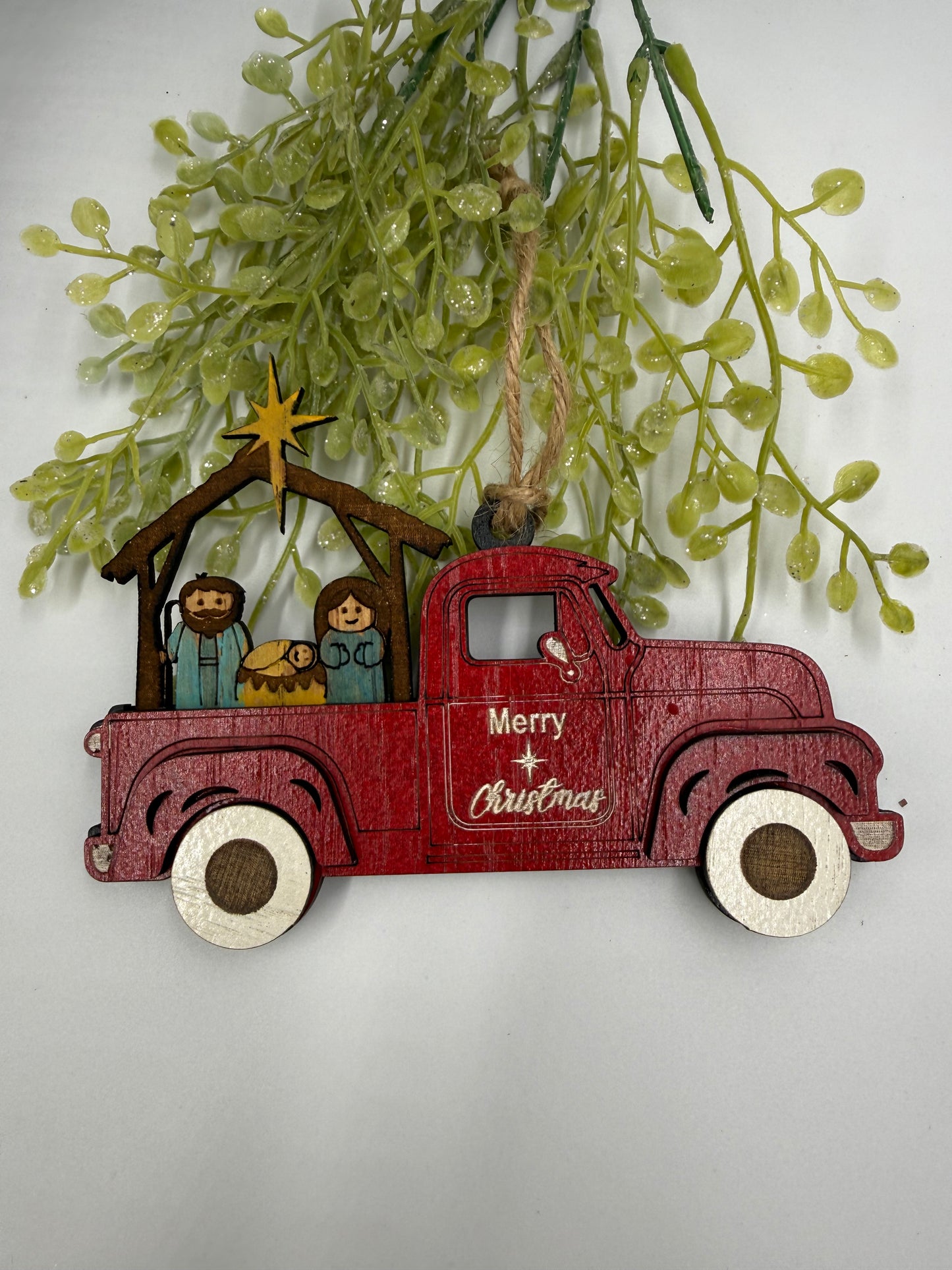 Nativity Old Red Truck Religious Christmas Ornament Manger Scene Tree Decor