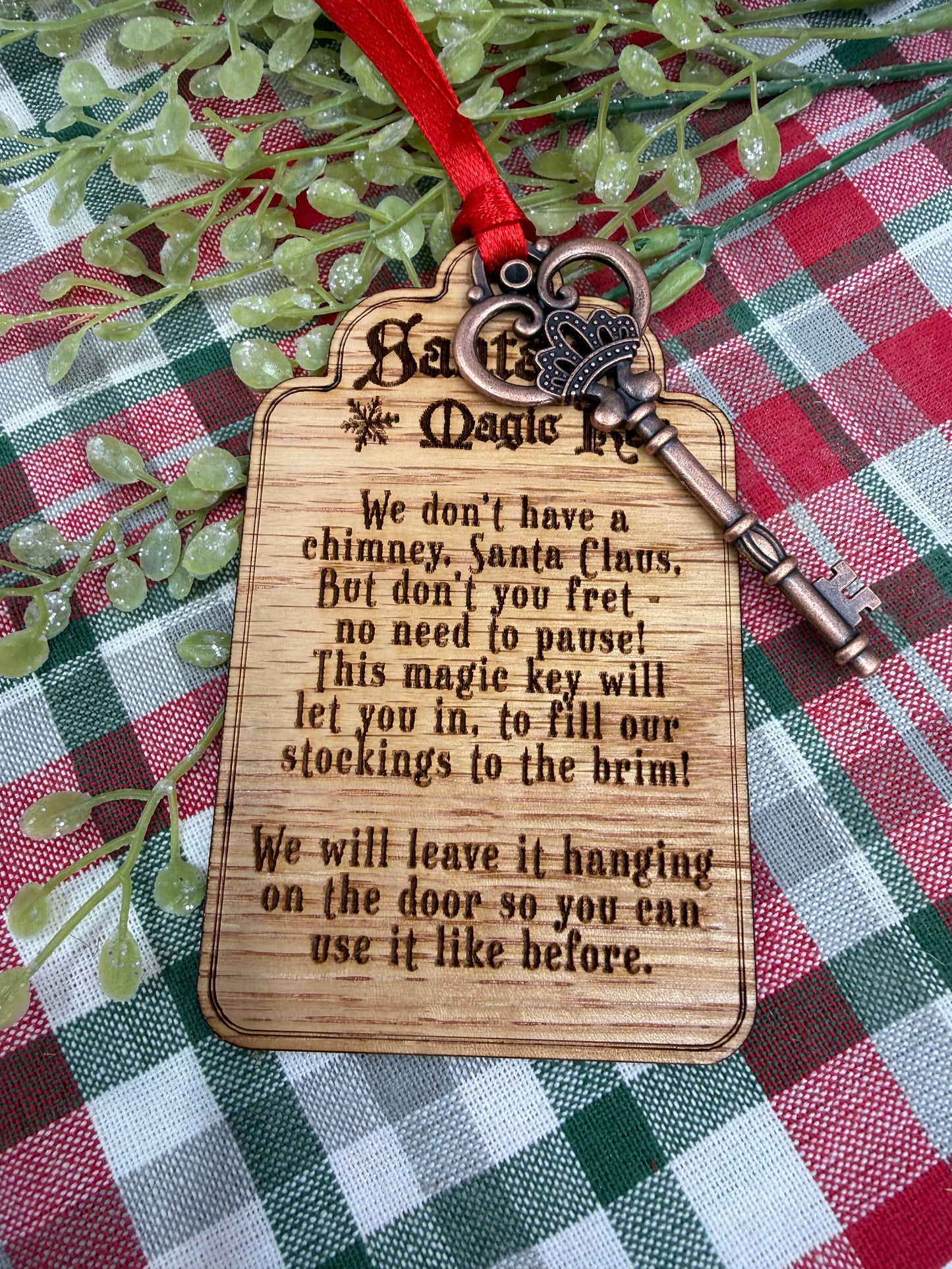 Santa’s Magic Key Ornament | Laser Engraved Wood Tag & Metal Key | No Chimney Christmas Tradition for Kids