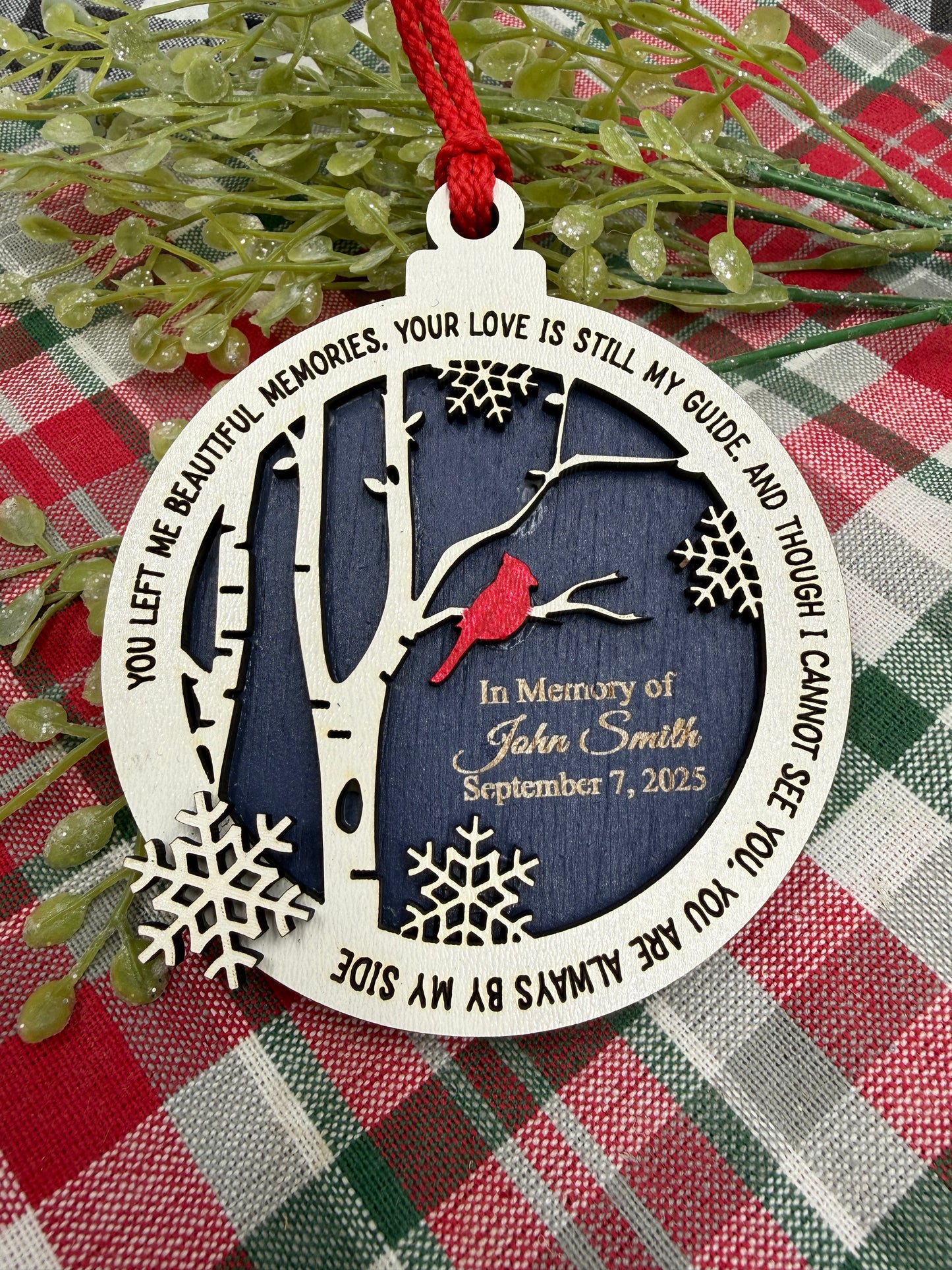 Personalized Cardinal Memorial Ornament: Laser Engraved Wood, In Loving Memory - Bereavement Funeral Keepsake