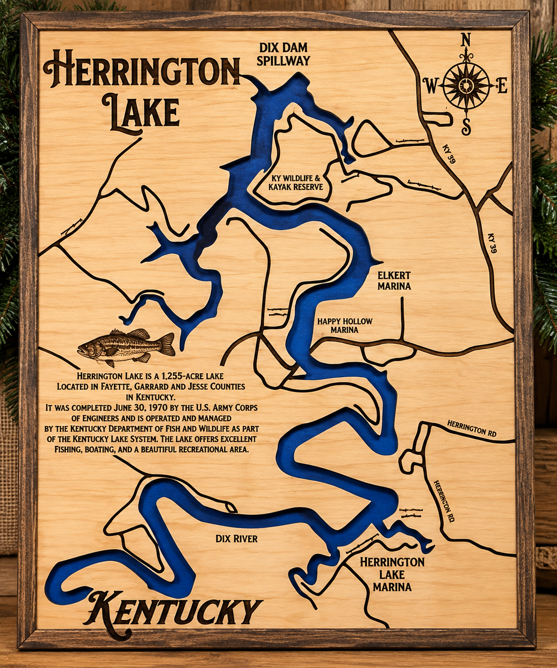 Herrington Lake Kentucky layered wood map wall art by Laser in the Loft