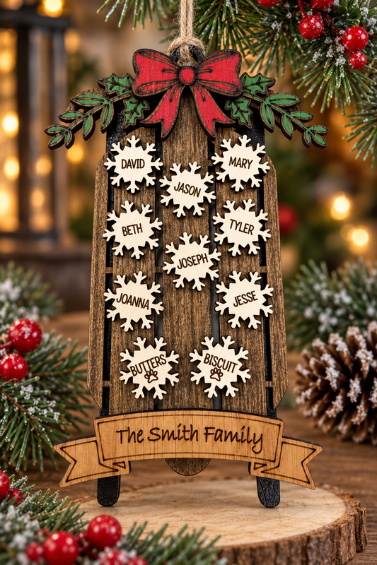 Personalized wooden family sled Christmas ornament with individual name snowflakes and pet names