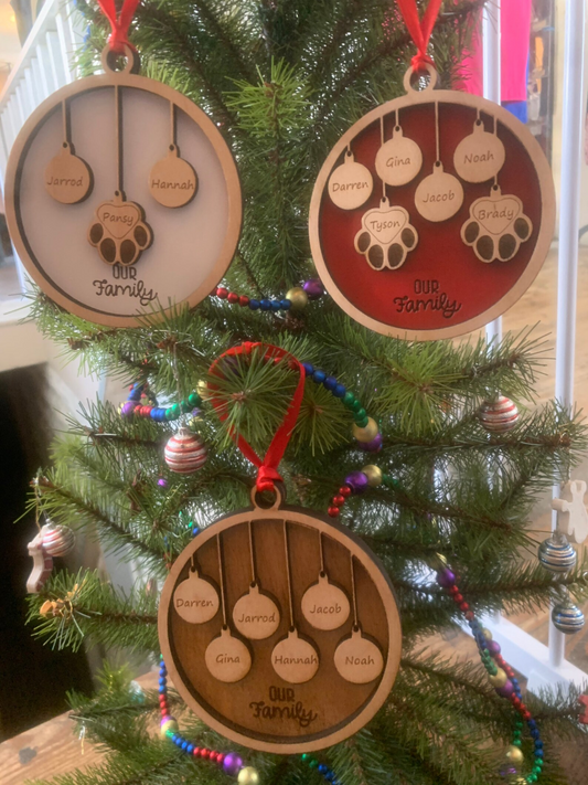 Personalized Our Family Christmas ornament variations with family and pet names