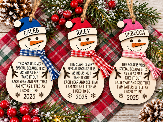 Personalized snowman growth chart Christmas ornaments with blue red and pink scarves