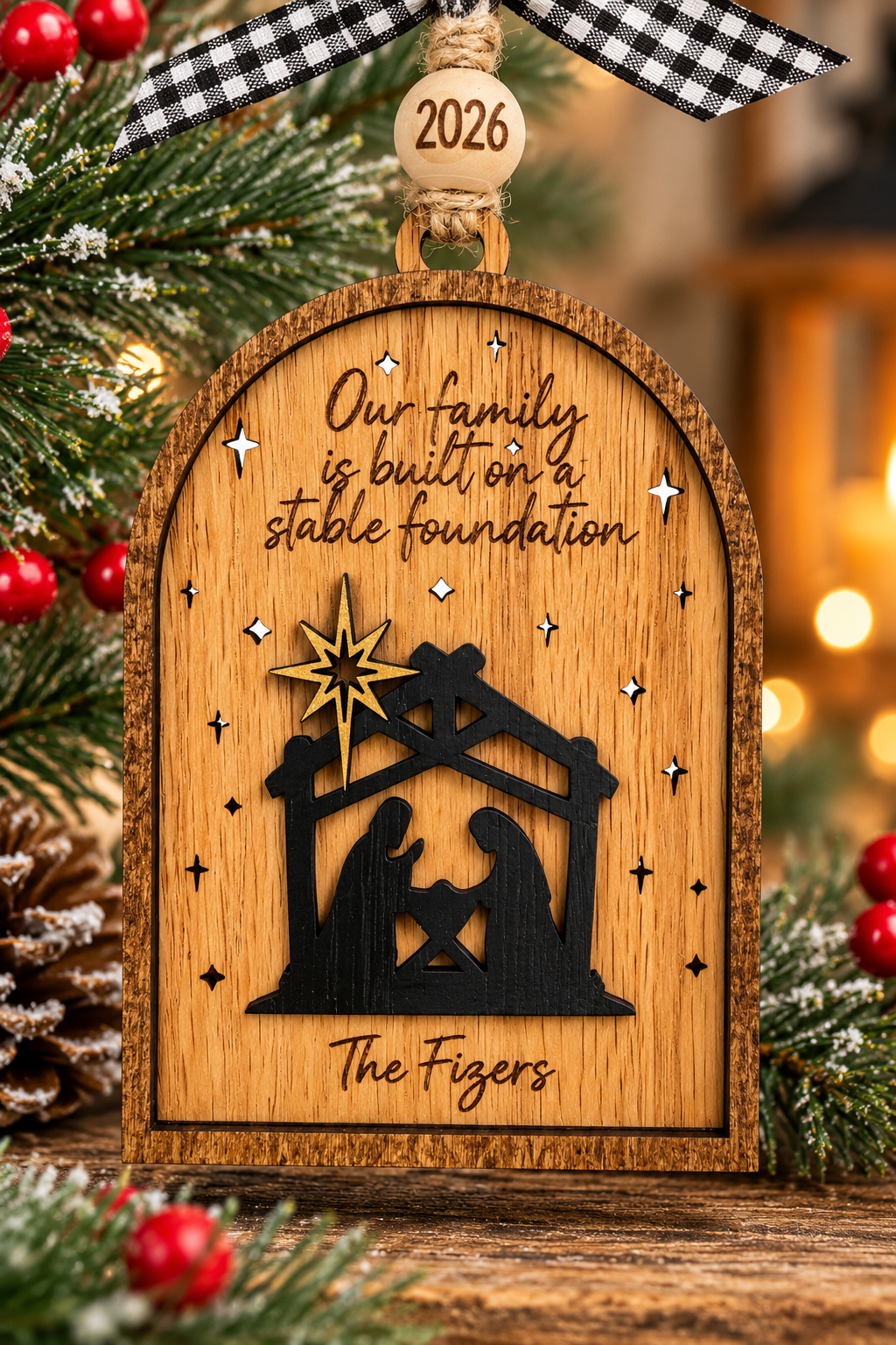 Personalized wooden nativity ornament with family name and engraved year bead