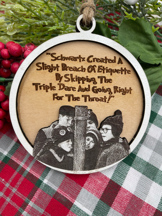 Christmas Story Inspired Schwartz & Flick Triple Dog Dare Tongue Stuck to Pole Ornament