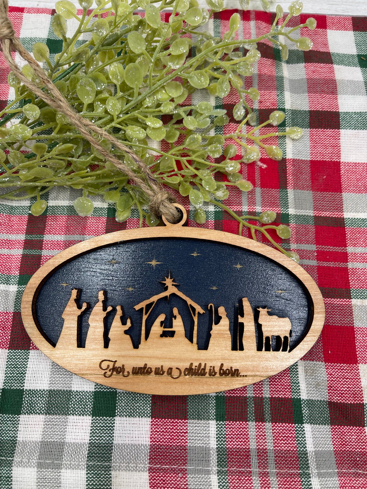 Oval Christmas Nativity Manger Scene Religious Wood Ornament - For Unto Us a Child is Born