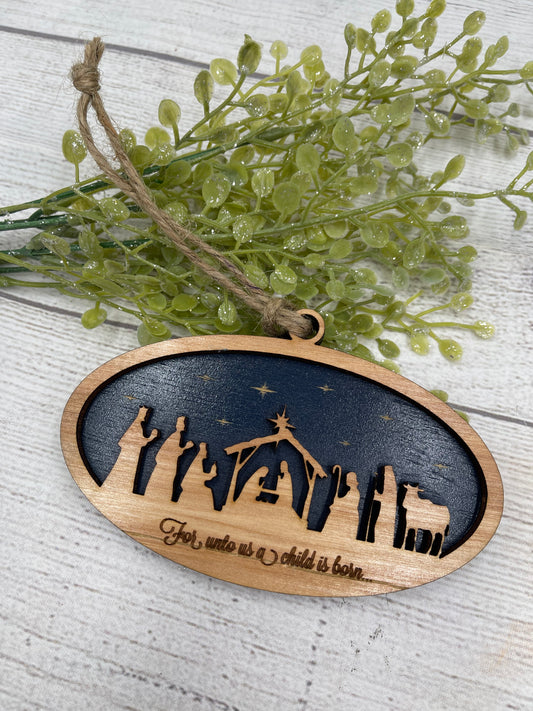 Oval Christmas Nativity Manger Scene Religious Wood Ornament - For Unto Us a Child is Born