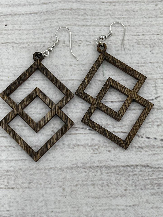 WOOD EARRINGS DOUBLE SIDEWAYS SQUARE BASEBALL DOUBLE DIAMOND DESIGN FASHIONABLE!