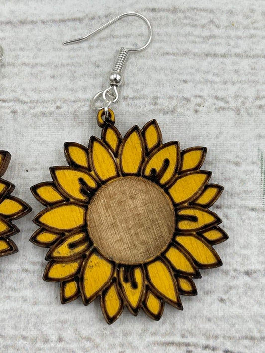 Sunflower Earrings Wood cut and design lightweight western nature Ear Rings Sun Flower Happy Day Sunny Boutique