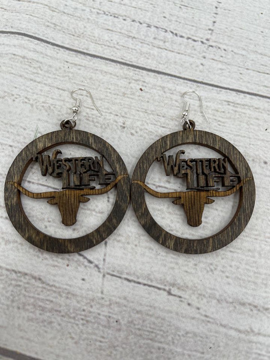 Western Life Longhorn Cow Wood Earrings