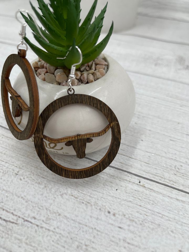 Wood Longhorn Cow Western Inspired Earrings Western life