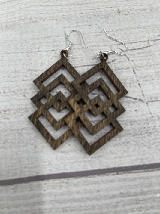 WOOD EARRINGS TRIPLE DIAMOND STYLE DESIGN SQUARE ON THE SIDE LIGHTWEIGHT