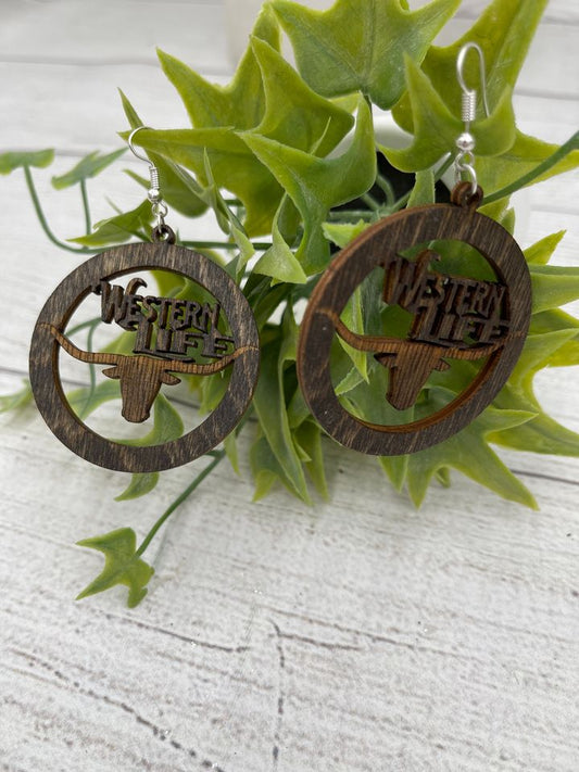 Western Life Longhorn Cow Wood Earrings