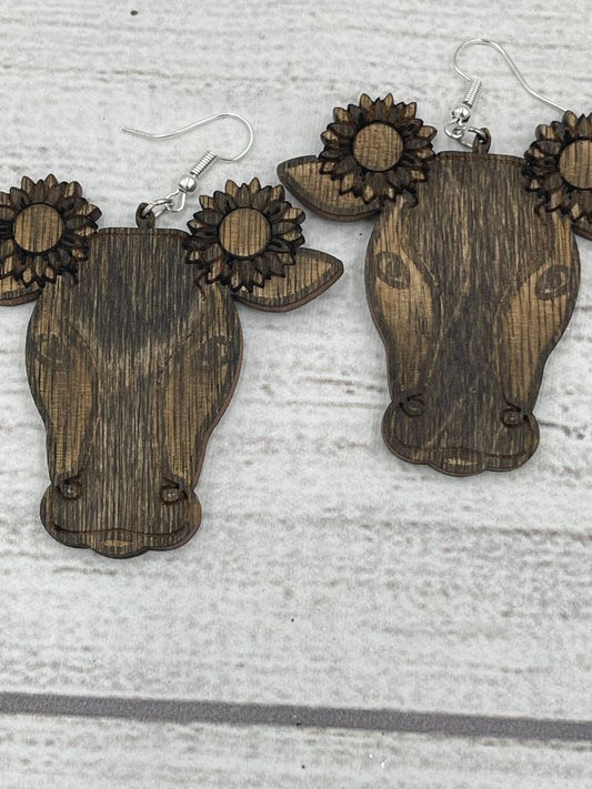 SUNFLOWER COW EARRINGS WOOD Unique Laser Cut and Design COW and Sun Flower Ear Rings More Cow!