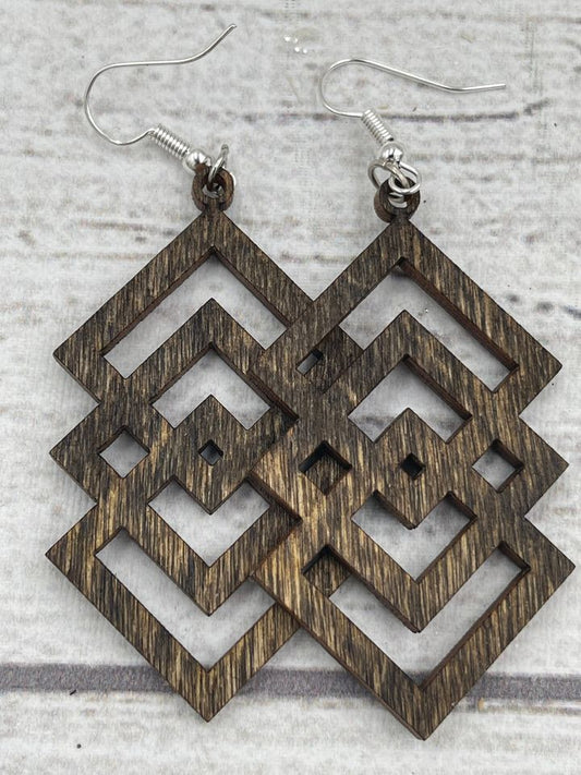 WOOD EARRINGS TRIPLE DIAMOND STYLE DESIGN SQUARE ON THE SIDE LIGHTWEIGHT